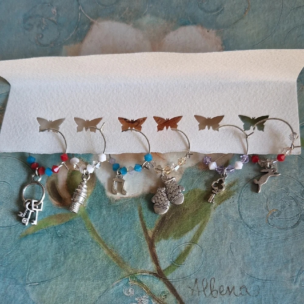 Hand Made Wine Glass Markers with Silver Charms & Swarovski Crystals